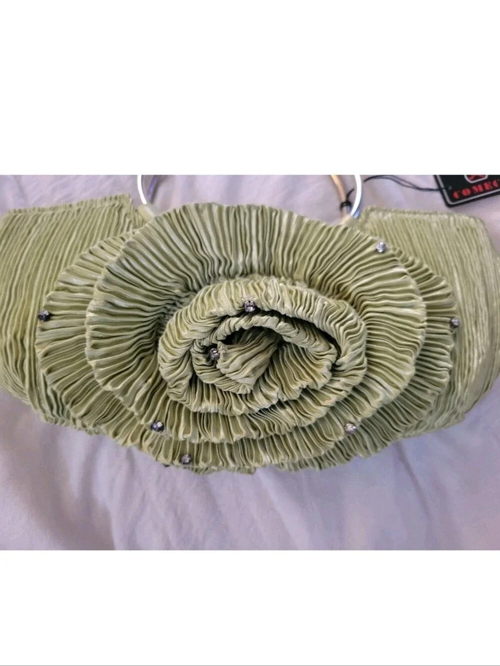 Y2k Retro Satin Purse Clutch Sage Rhinestone Pleated Handbag Silver Hoop Handle